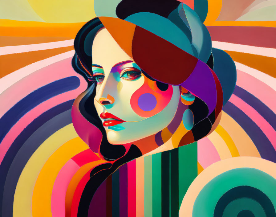 Vibrant abstract portrait of a woman with bold makeup and geometric backdrop