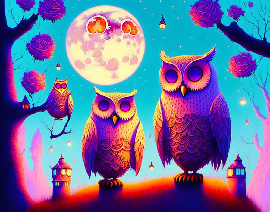 Colorful illustration of three owls under a whimsical moon in a purple forest.