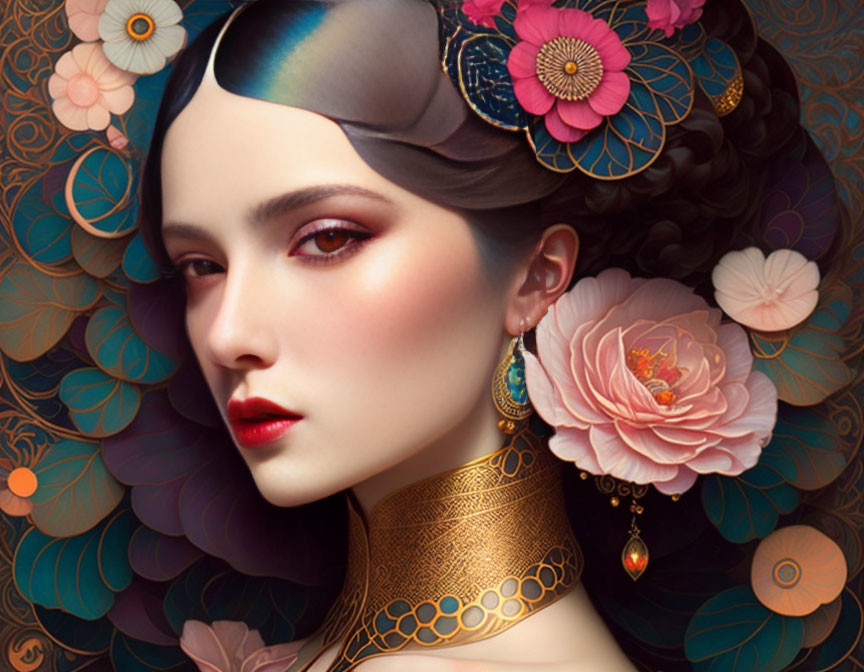 Vibrant digital portrait with floral decorations and gold jewelry