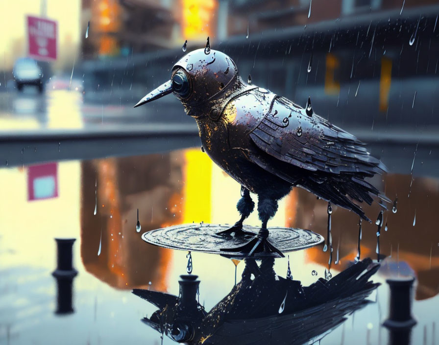 Metallic bird sculpture in rain with water droplets, on circular base, urban background.
