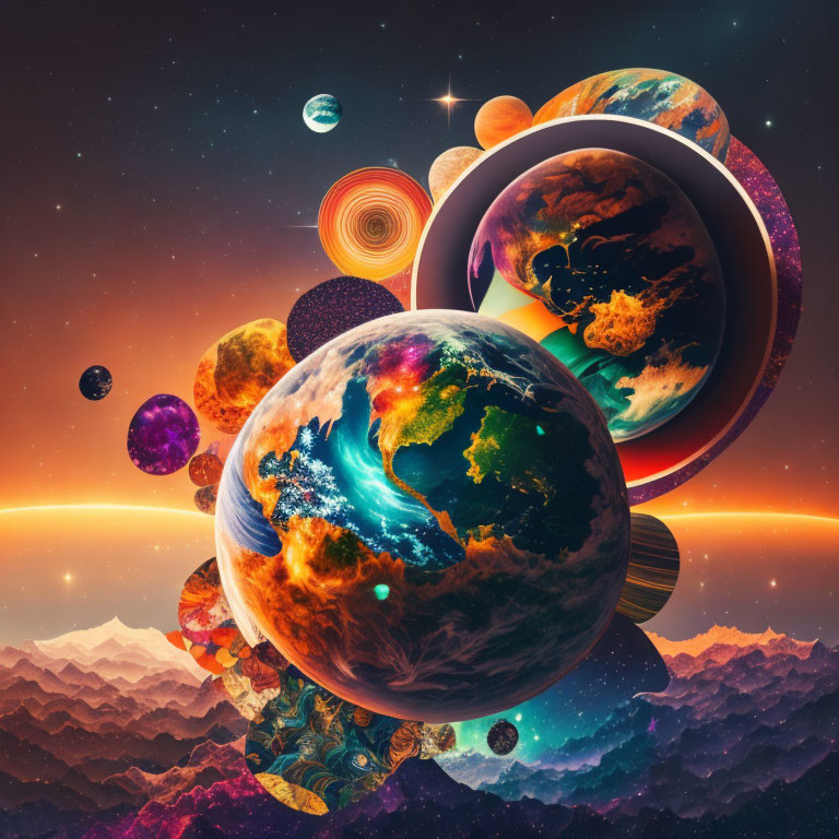 Colorful surreal planets and moons in starry sky art.