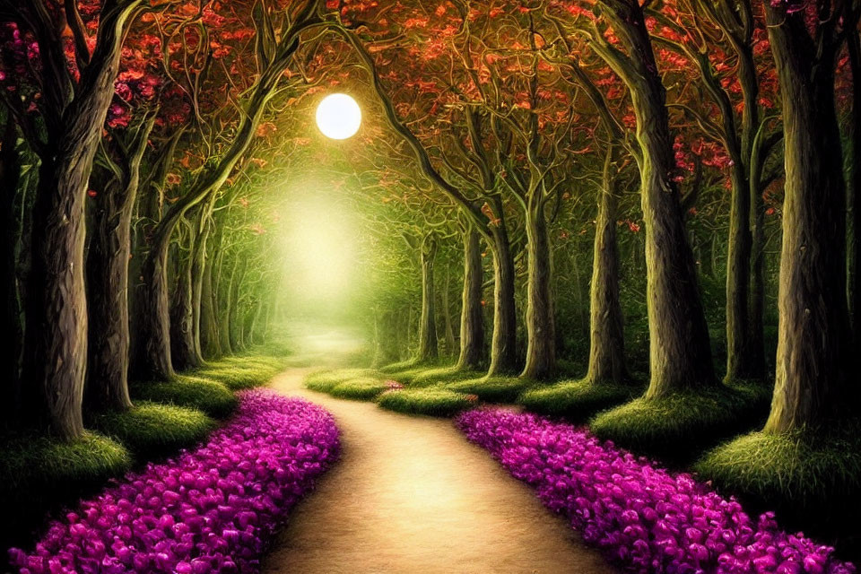 Enchanting moonlit forest with purple flowers and red foliage