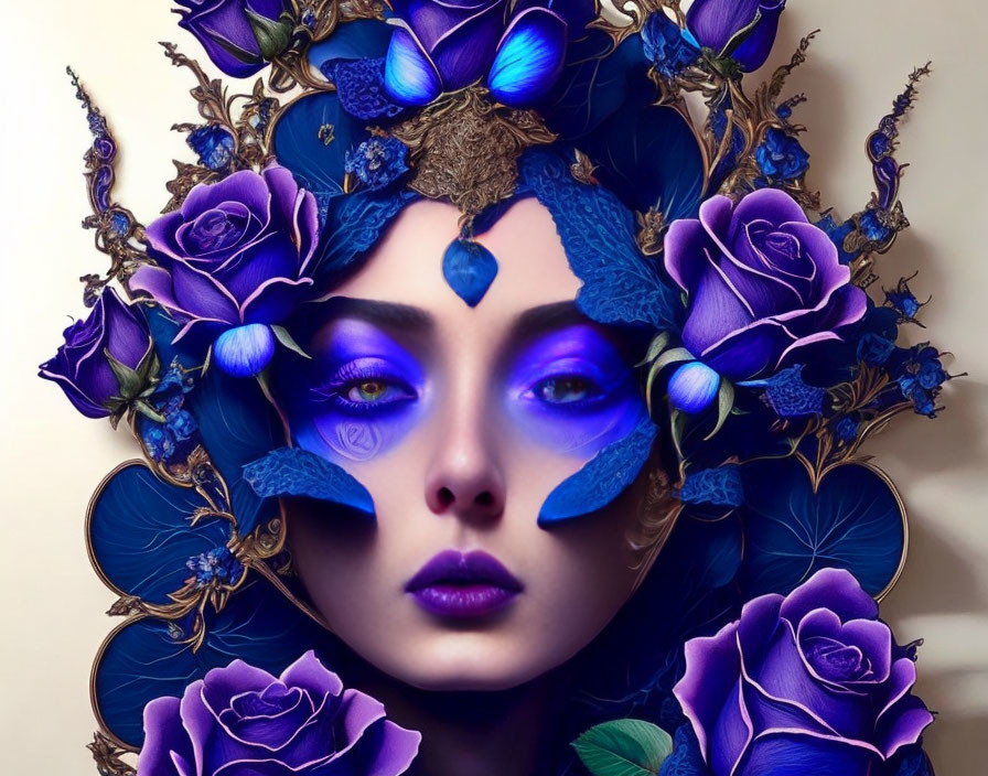 Digital Artwork: Woman with Blue Rose Headdress and Gold Accents
