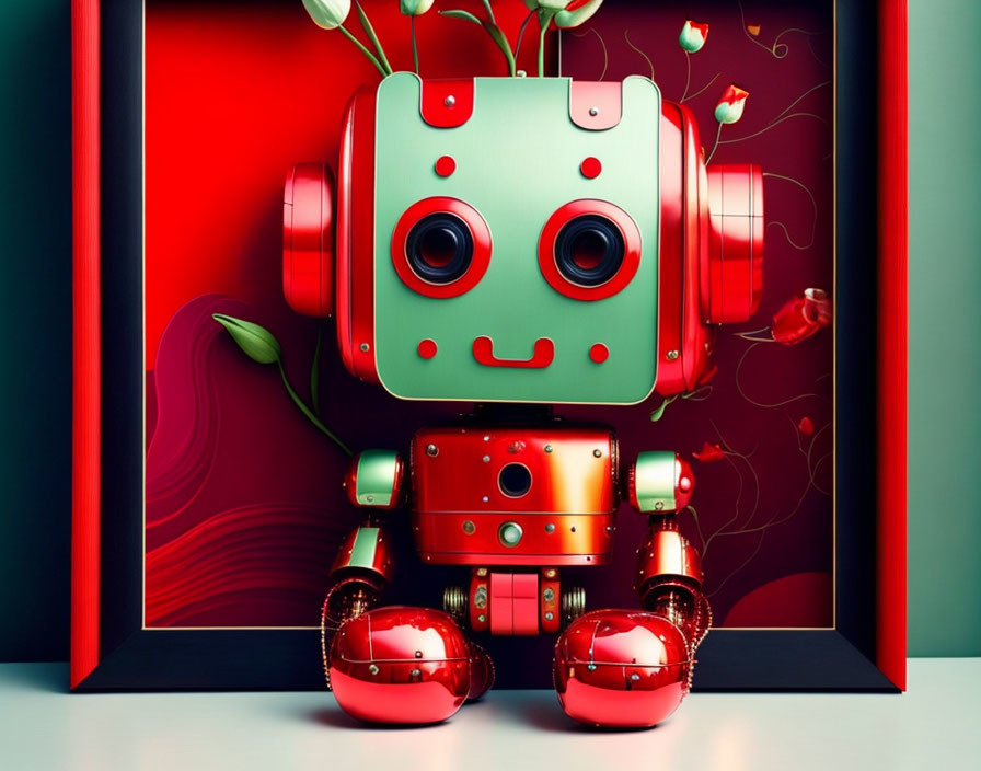 Colorful Robot with Apple Accents in Red Frame on Grey Background