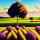 Surreal landscape with biomorphic shapes and vibrant yellow sky
