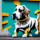 Colorful Giant Dog Artwork with Small Girl and Yellow Wall