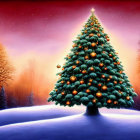 Decorated Christmas tree in enchanted forest with oversized mushrooms and purple haze