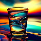 Whiskey glass distorts scenic lake view into colorful layers