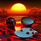 Surreal landscape with floating spheres and giant mushrooms