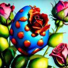 Colorful Psychedelic Artwork with Polka-Dotted Egg, Plant Forms, and Dragonfly