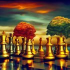 Intricately designed steampunk themed chess set on orange backdrop