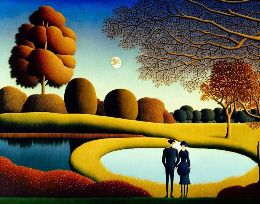 Surreal painting: two figures by water, rounded trees, crescent moon