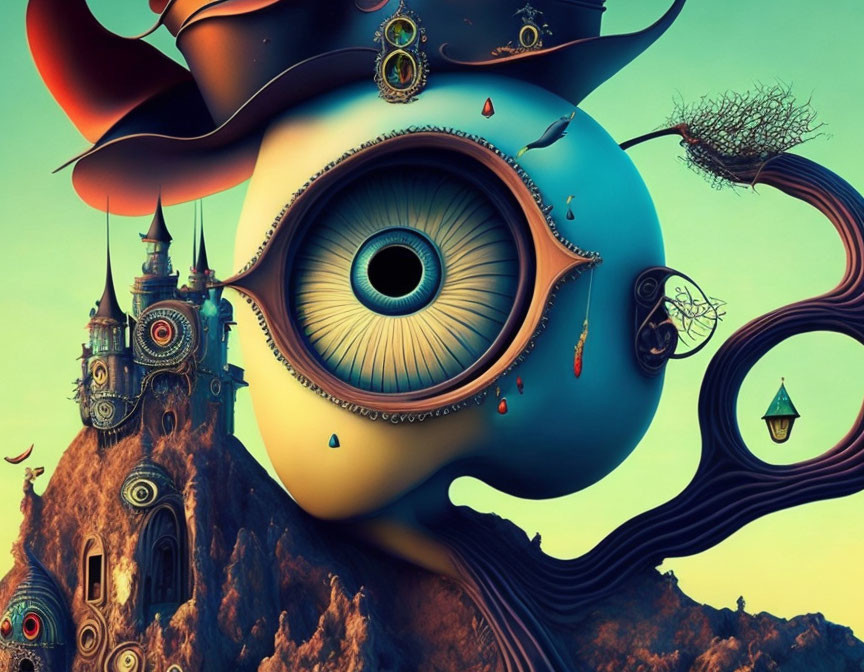 Surreal landscape featuring oversized eye, rolling hills, whimsical structures, tree branches, and hat