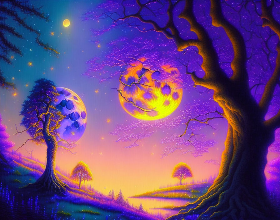 Colorful fantasy landscape with large tree, glowing planets, and starry sky