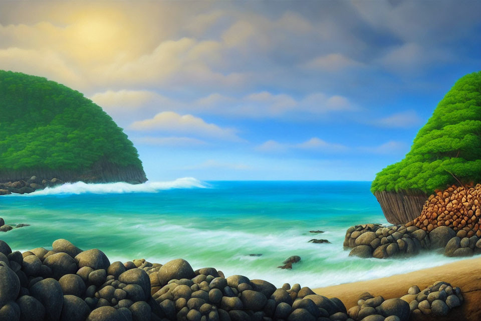 Tranquil coastal landscape with pebble shore, green islands, gentle waves, and serene sky