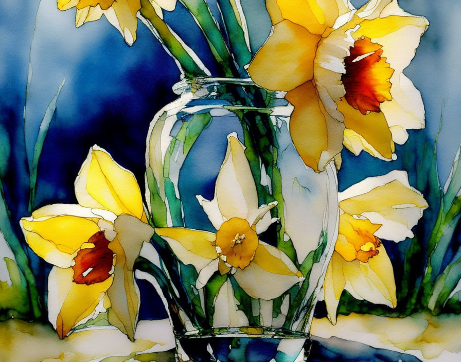 Vibrant watercolor painting: yellow daffodils in transparent vase on blue.