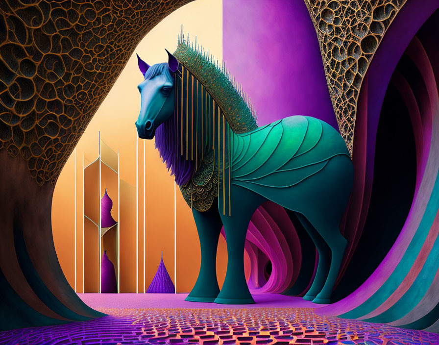 Colorful Stylized Unicorn Illustration in Abstract Landscape