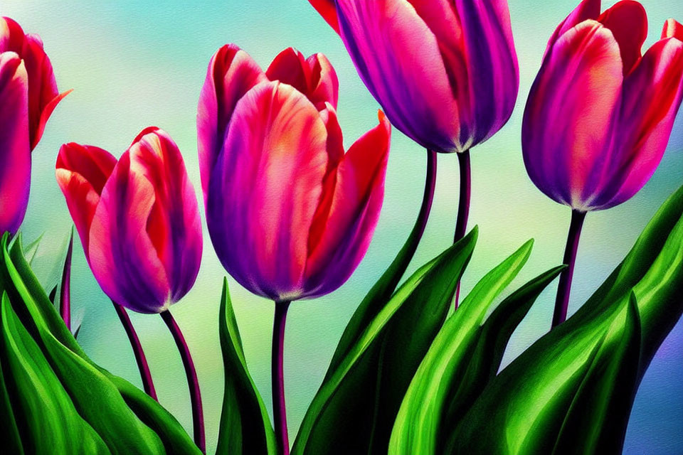 Colorful Pink and Purple Tulips on Teal Background with Green Leaves