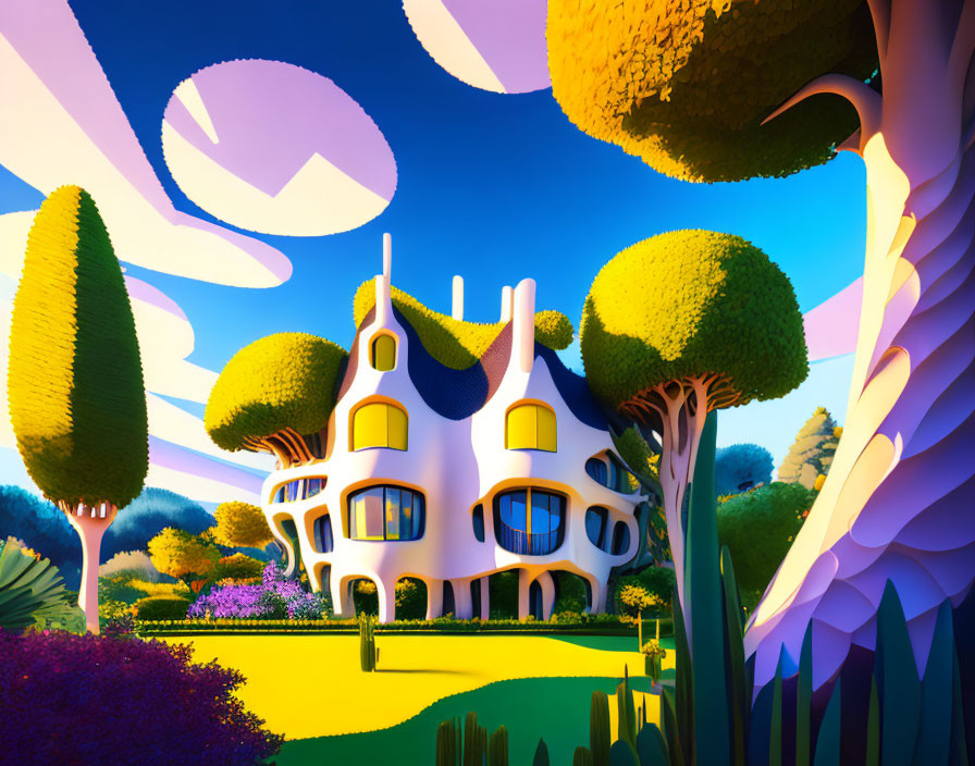 Colorful Cartoon Landscape with Quirky House and Trees