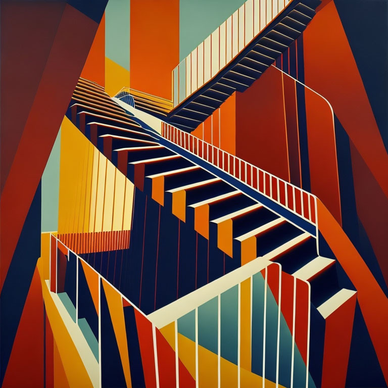 Colorful Abstract Painting of Geometric Staircases and Railings