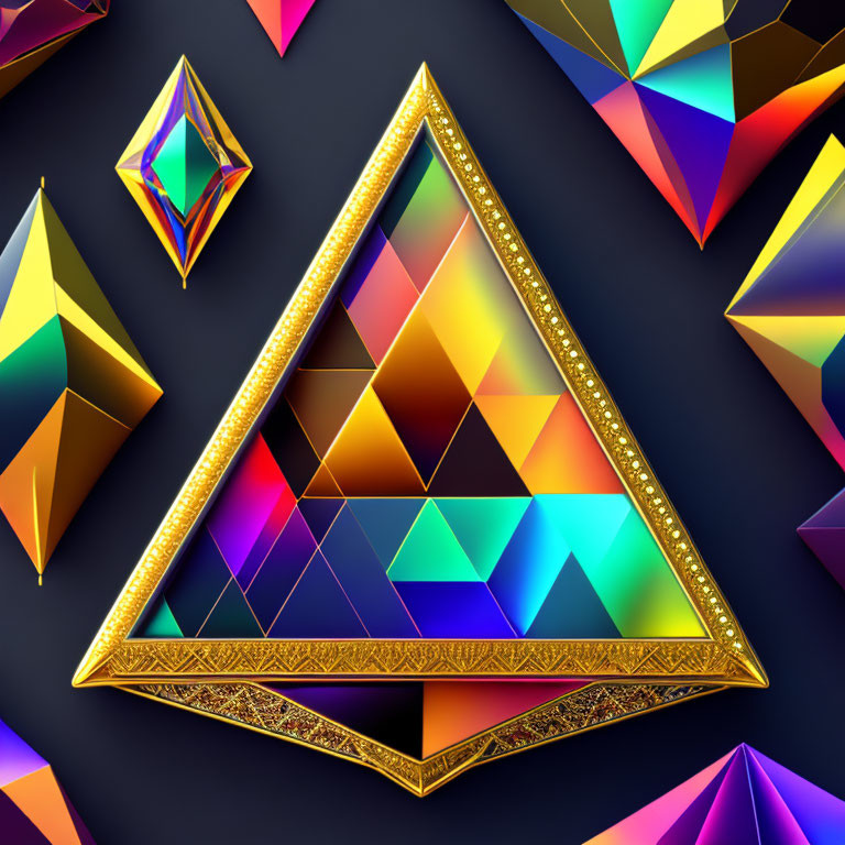 Colorful Geometric Shapes with Golden Triangle on Dark Background