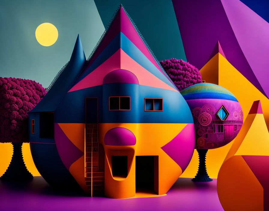 Colorful Geometric Houses Illustration on Purple Background