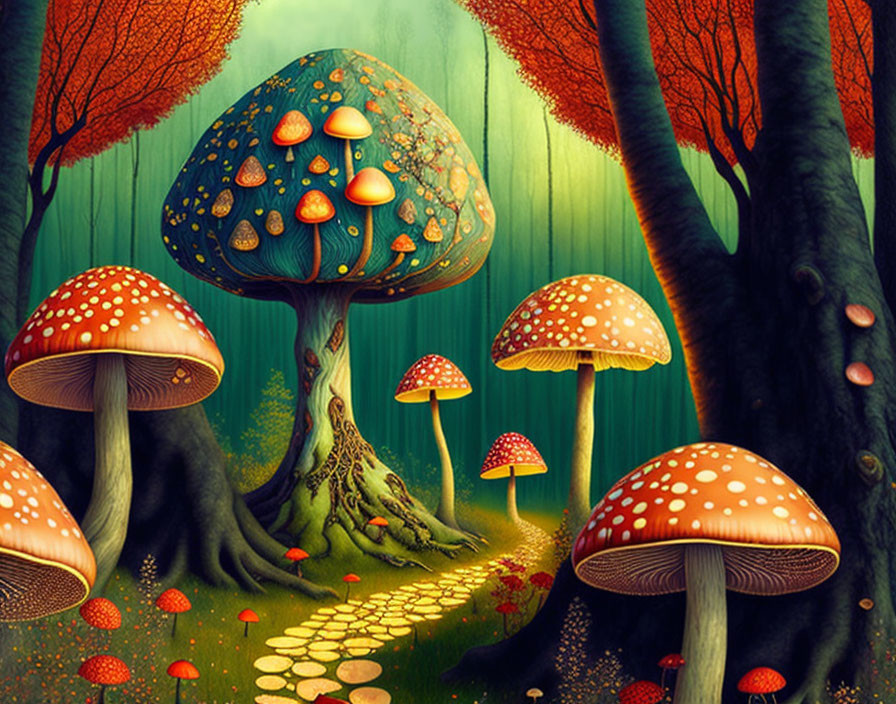 Vibrant forest scene with oversized colorful mushrooms and a greenish sky