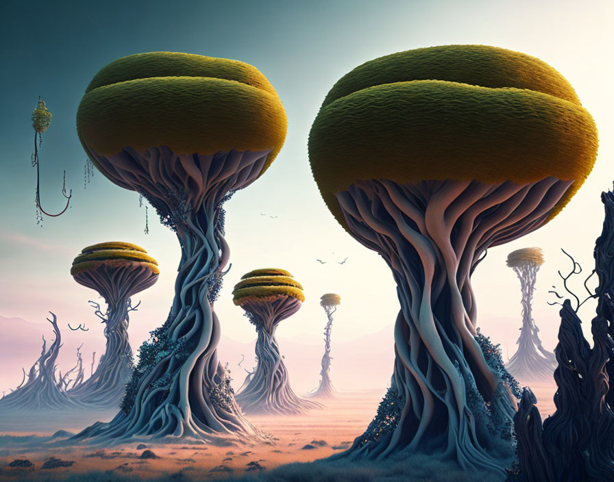 Surreal landscape featuring oversized trees, gradient sky, and floating islands.