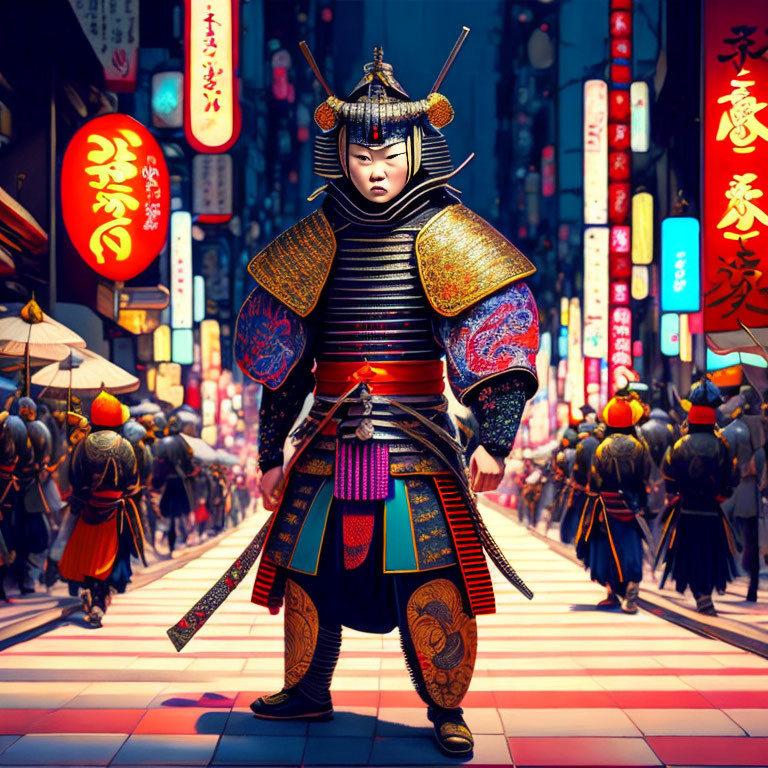 Traditional samurai in full armor on vibrant urban street.