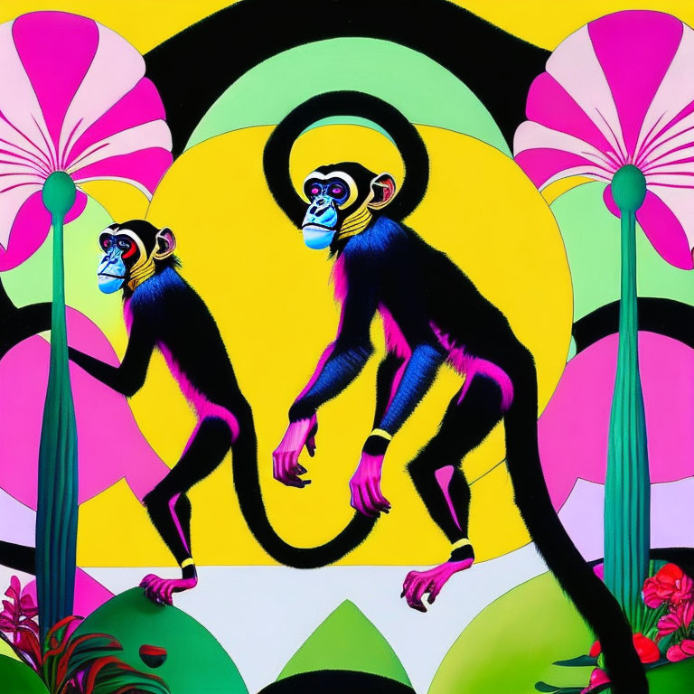 Colorful Mandrill Monkeys Mirrored on Psychedelic Background