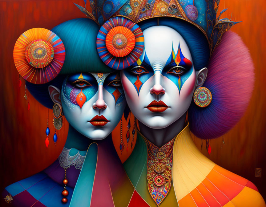 Symmetrical Female Figures with Elaborate Headpieces and Face Paint on Red Background