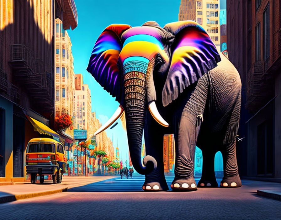 Colorful Elephant Walking Through City Street with Psychedelic Patterns