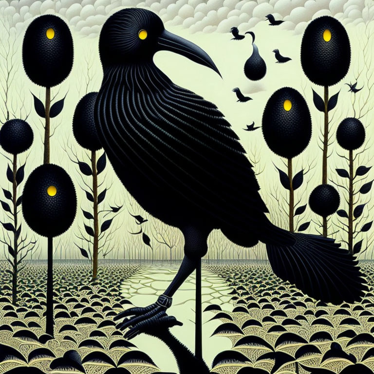 Monochromatic illustration: black raven amidst flora, fauna, and golden eye motifs