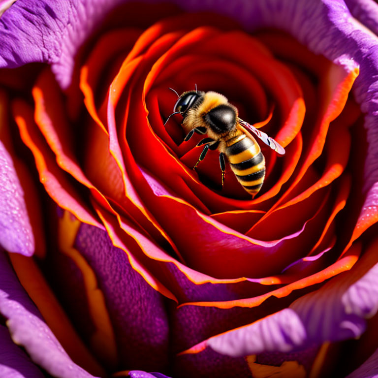 Bee on vibrant red and purple rose, showcasing intricate details
