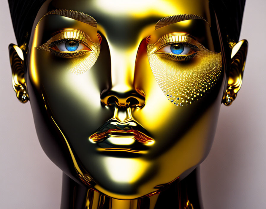 Digital artwork: Golden skin, ornate patterns, blue eyes, red accents.