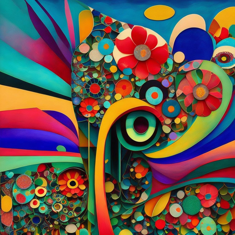 Colorful Abstract Painting with Stripes, Swirls & Floral Patterns