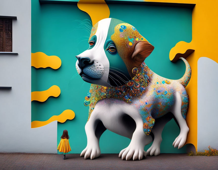 Colorful Giant Dog Artwork with Small Girl and Yellow Wall