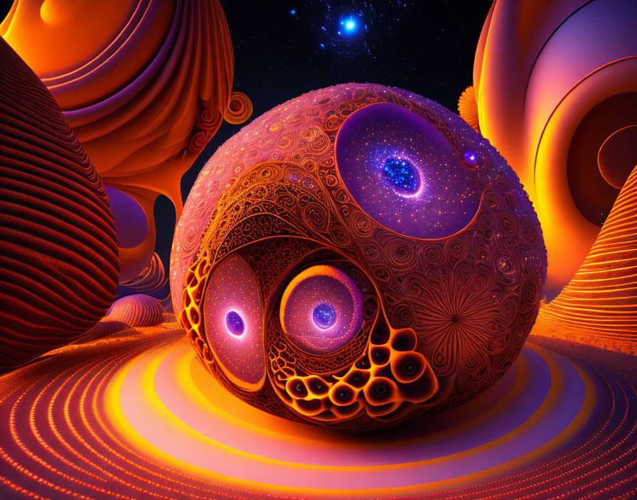 Vibrant surreal landscape with intricate organic shapes and cosmic patterns