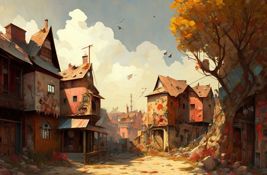 Rustic houses and autumn trees on a serene village street