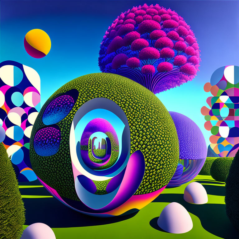 Colorful 3D render of surreal landscapes with spherical shapes and fantastical trees
