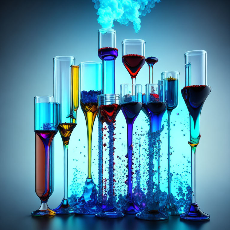 Colorful liquids in glass test tubes and beakers on blue gradient background
