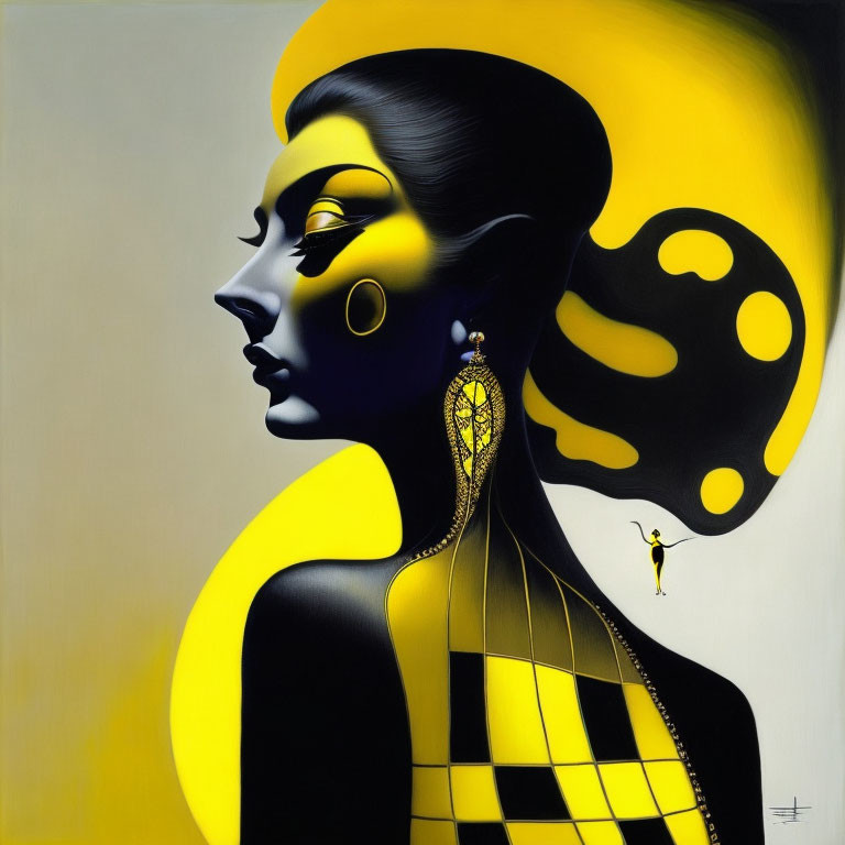 Abstract woman portrait with yellow and black patterns and unique earring detail
