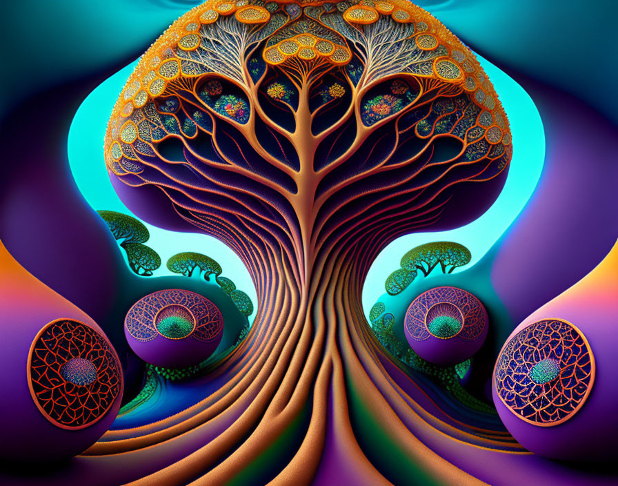 Vibrant surreal tree illustration with intricate patterns and multicolored background