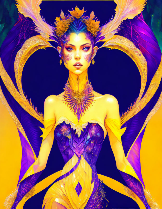 Fantastical character digital artwork with purple and yellow hues