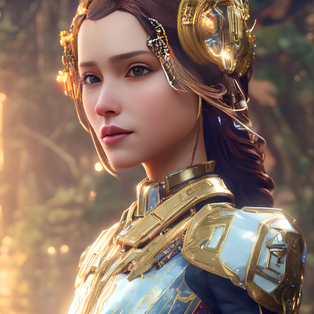 Detailed 3D Rendering of Female in Futuristic Golden Armor and Cybernetic Headset