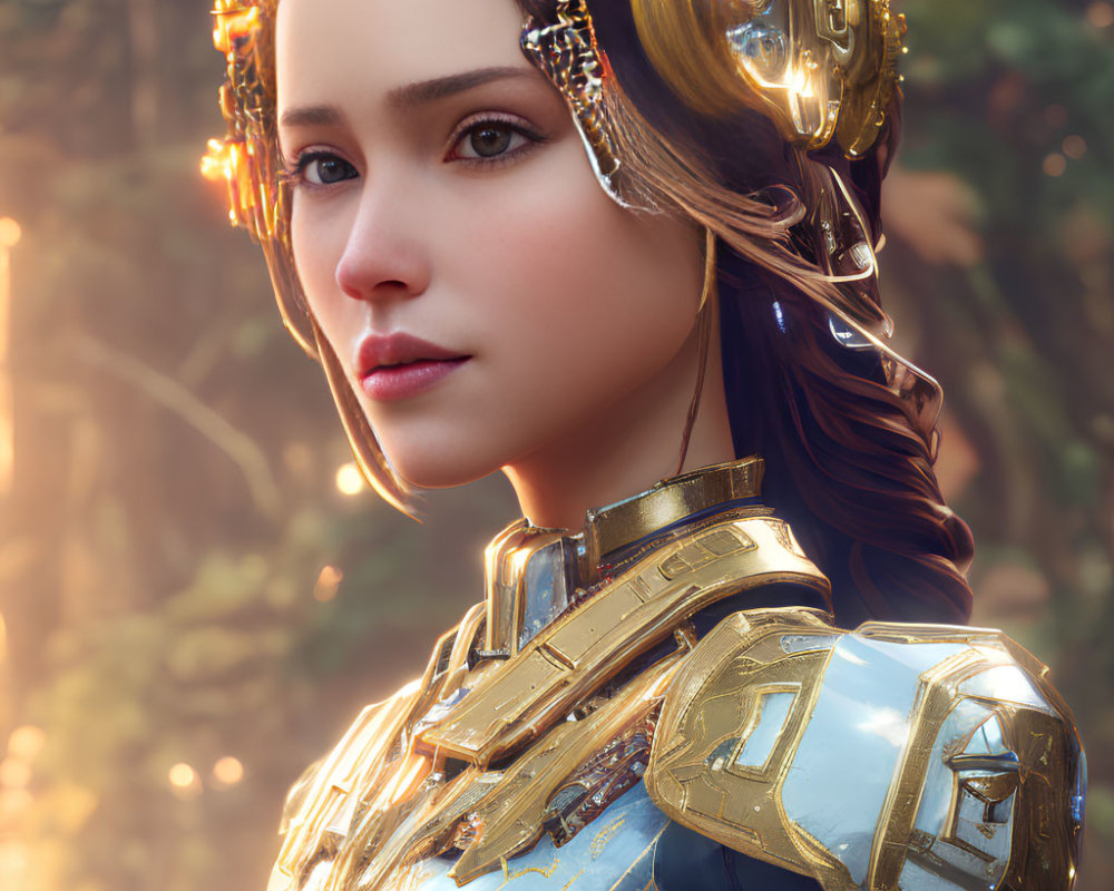 Detailed 3D Rendering of Female in Futuristic Golden Armor and Cybernetic Headset