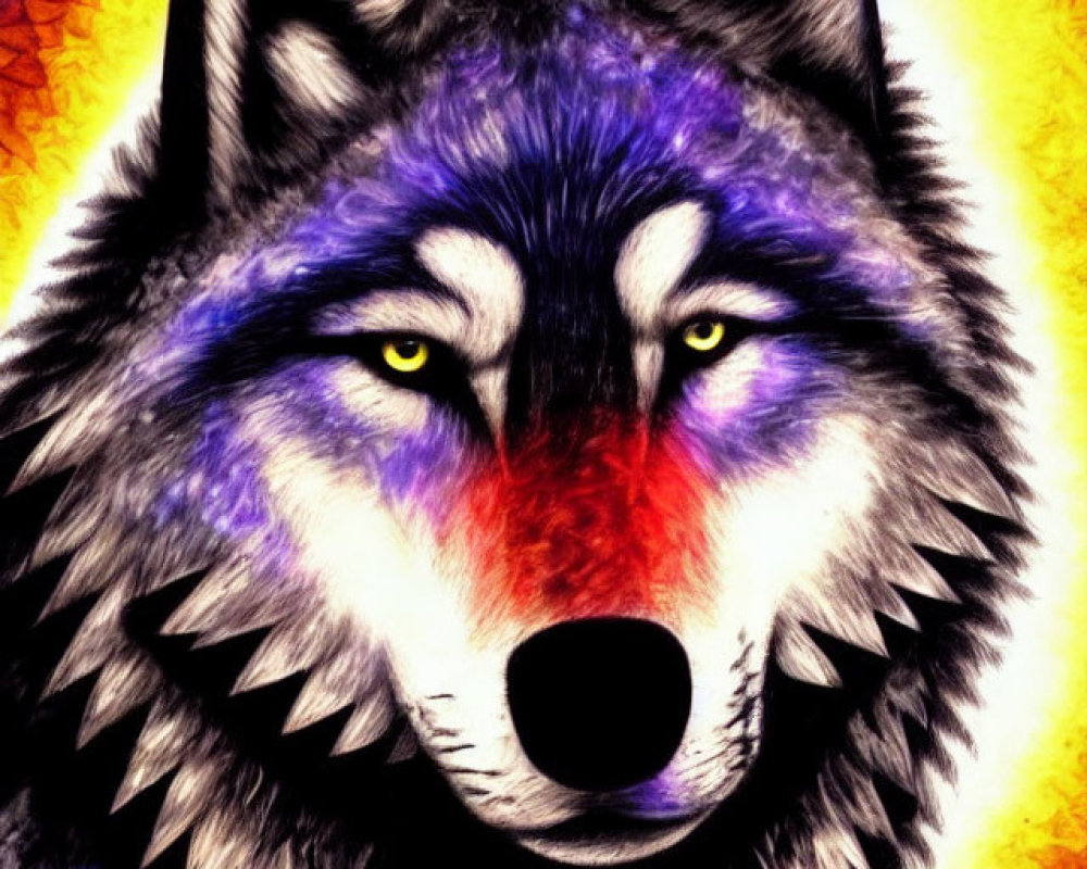 Vibrant digital illustration of intense-eyed wolf in fiery colors