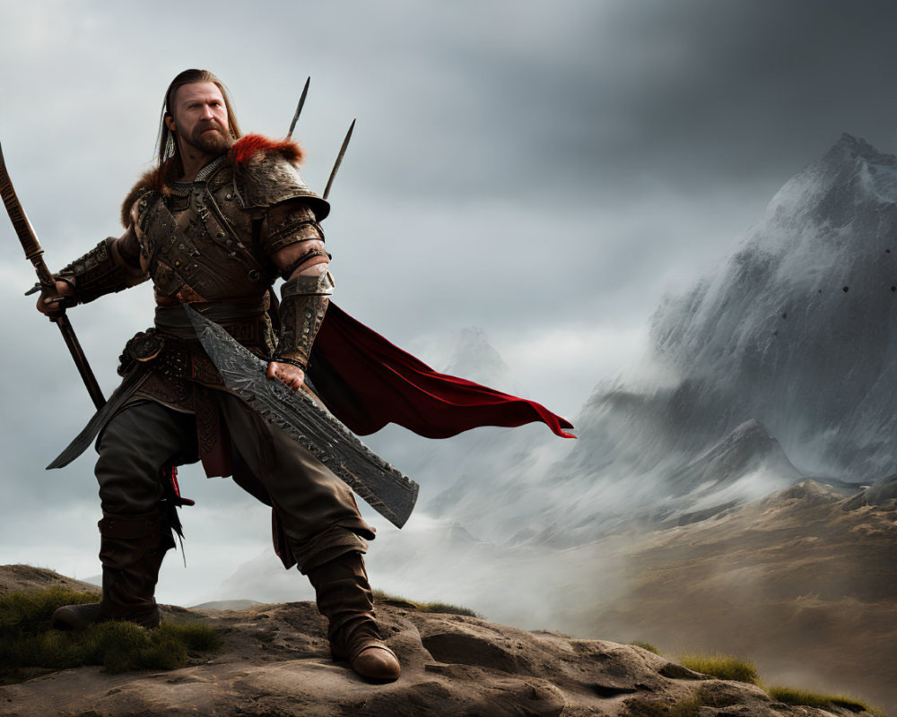 Medieval warrior in armor with sword on misty hillside
