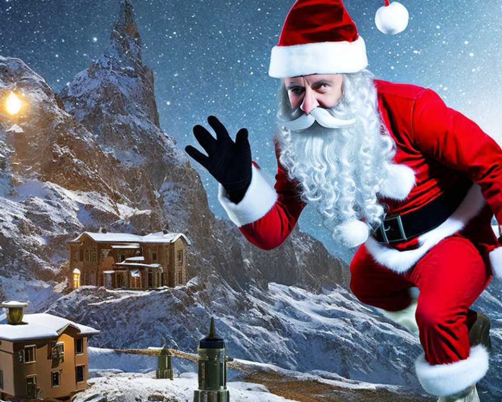 Festive Santa Claus in snowy mountain village at night