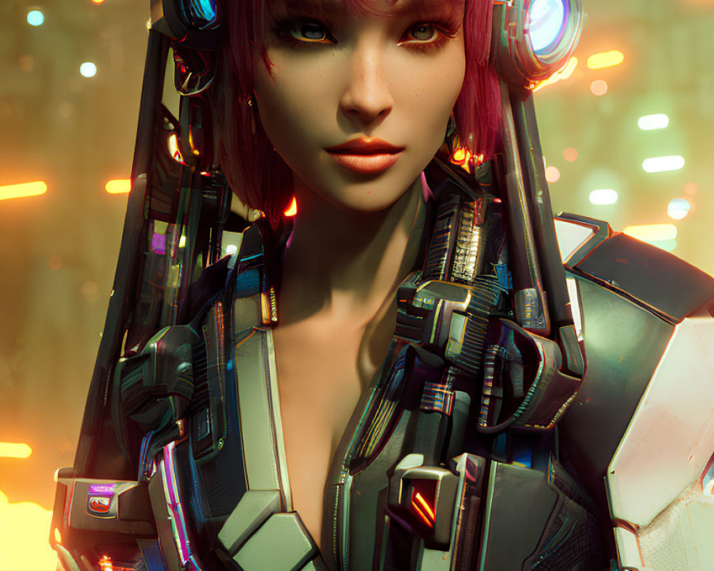 Futuristic female warrior in pink hair and advanced armor on bokeh light backdrop